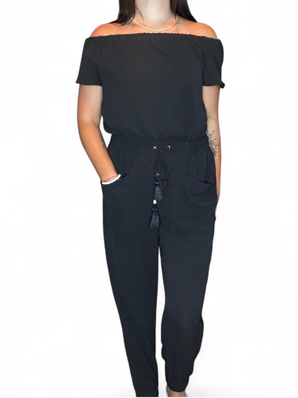 Off-Shoulder Black Jumpsuit with Drawstring Waist